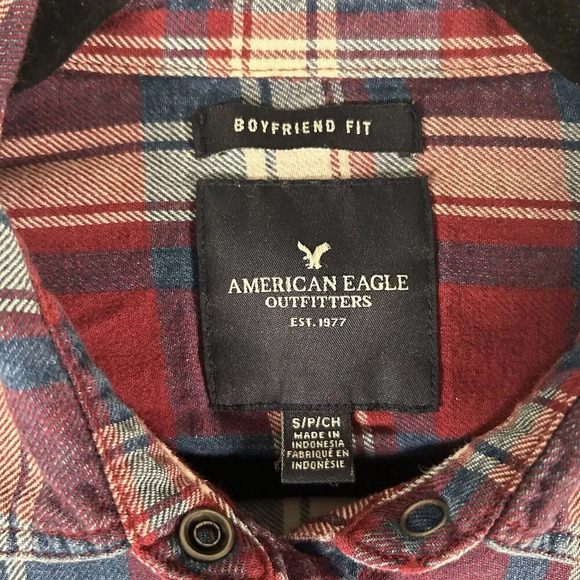 American Eagle Flannel Shirt Women's Small Blue Red Pearl Snap Boyfriend Long Sl - Picture 5 of 10